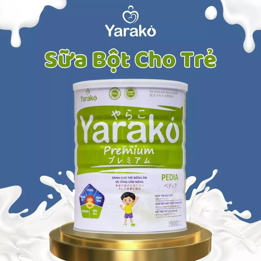 Sữa Tăng Cân Cho Bé YARAKO PREMIUM PEDIA Tăng Khả Năng Hấp Thu Cho Trẻ Biếng Ăn Và Tăng Cân Hộp 900g