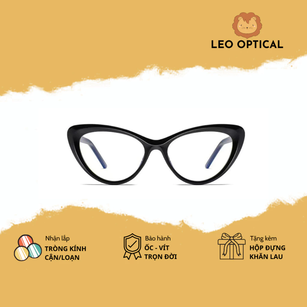 Kính cận mắt mèo dáng to cho nữ mùa hè nhựa cứng tròng chống ánh sáng xanh LEO OPTICAL 9015