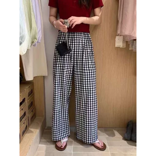 Quần Suông Thô Đũi Ống Rộng Hoạ Tiết Kẻ Caro Gingham Cạp Chun Hàn Quốc 🇰🇷 Hàng QC