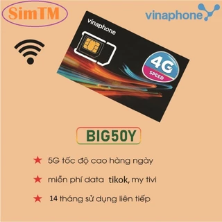 Sim 4G gói cước BIG50Y, 5Gb Data tốc độ cao/ngày, miễn phí truy cập Youtube, Tiktok sử dụng 14 tháng