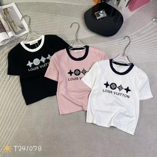 Áo thun croptop nữ tay ngắn cổ tròn chữ lou hình cườm hàng Quảng Châu chất cotton, áo phông baby tee mùa hè 241078