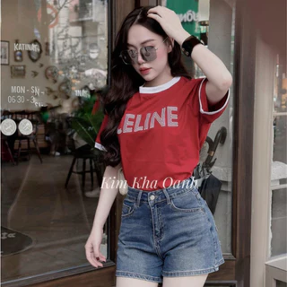 Áo Phông Nữ Đỏ Thêu CE LILE Nổi Phối Viền Cổ Ngắn Tay Áo Thun Nữ Freesize -Aó Thun Nữ Thêu Chữ Celine Form Baby Tee