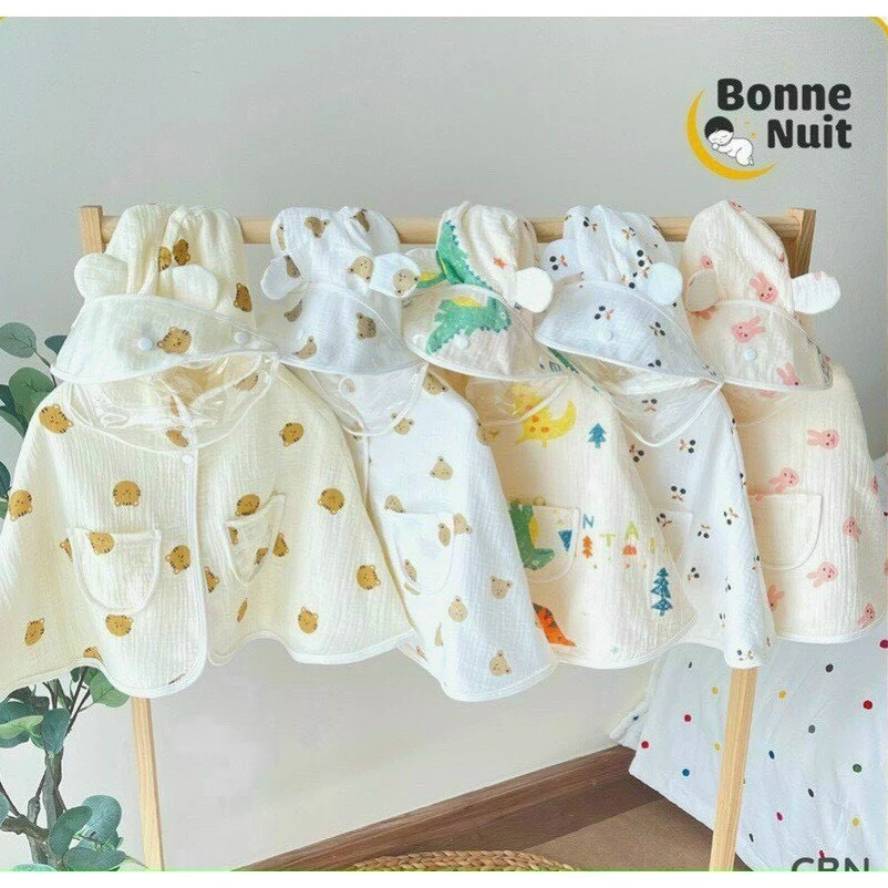 Áo Choàng Chống Nắng Đa Năng Cho Bé Vải Xô Muslin Có Kính Chống Bụi, Cúc Bấm Tháo Rời Size 3-14kg