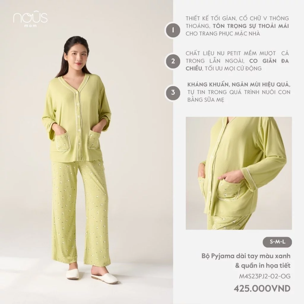 NOUS MOM Bộ quần áo pyjama trước sinh dài tay in họa tiết chất liệu co giãn đa chiều, thoáng mát cho các mẹ bầu