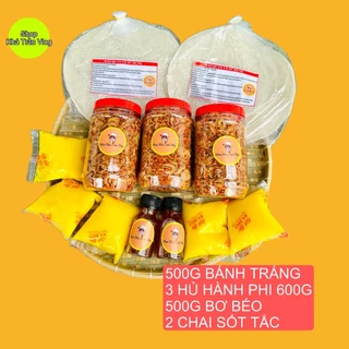 Combo 600gr Muối Tép Hành Phi , Bánh Tráng Phơi Sương 500gr , Bơ Béo 500gr Kèm Hai Chai Sốt Tắc