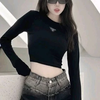 Áo thun croptop tay dài đính lô gô pr siêu phẩm mới BC