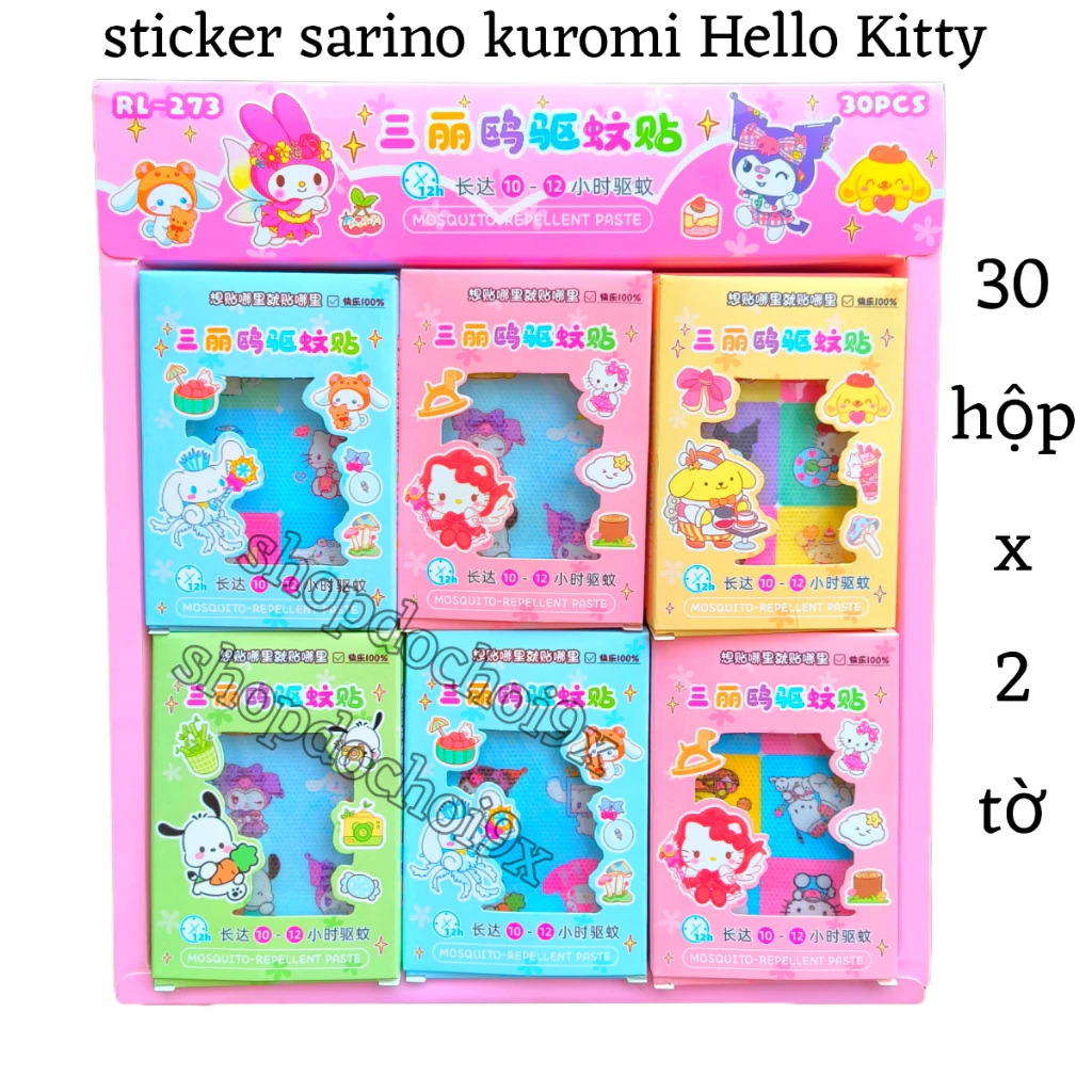 [ Đuổi Muỗi ] Khay 30 hộp sticker giấy vải thơm mới , sticker sarino hello Kitty kuromi