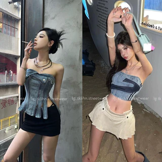 TKLIHN Áo quây JEAN ULZZANG cá tính SANG CHẢNH phong cách ĐỘC LẠ Áo ống Denim khoá kéo SEXY cá tính HOT FASHIONITA 2024