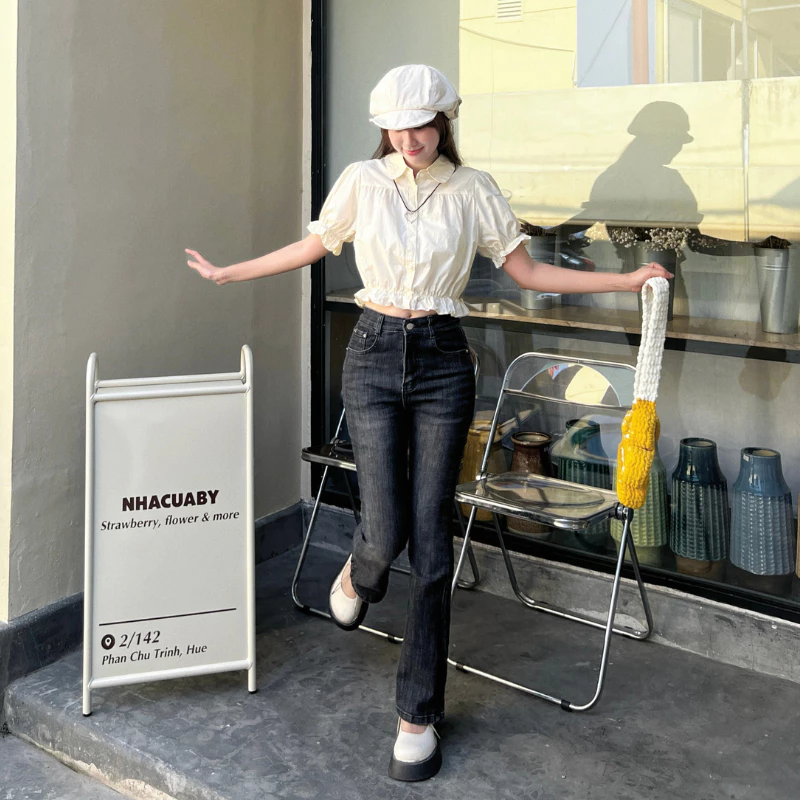 Quần Jeans co giãn xanh chàm loe nhẹ phong cách basic Hàn Quốc