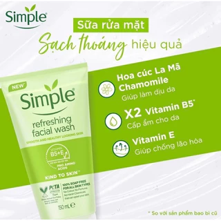 Sữa rửa mặt Simple dịu nhẹ lành tính dành cho da nhạy cảm và mọi loại da 150ml-Dạng gel Refreshing facial wash