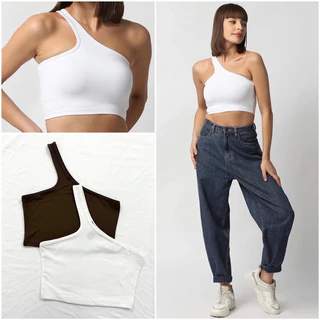 Áo kiểu 1 vai chéo, croptop ôm, thun poly 4 chiều, 2 màu