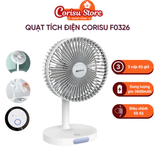 Quạt tích điện CORISU F0326 3 cấp độ gió, dung lượng pin lớn 3600mAh, dùng 3-5 tiếng liên tục, có đèn LED