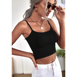 Áo hai dây croptop ôm, thun bo ríp lụa đen