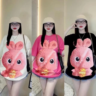 Áo phông 3158 chất cotton khô in hìnhThỏ hồng cute - Áo thun form rộng