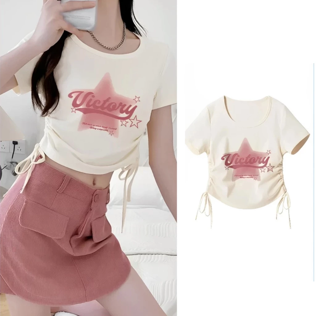 Áo Croptop màu trắng đen có rút dây hai bên in hình ngôi sao hồng