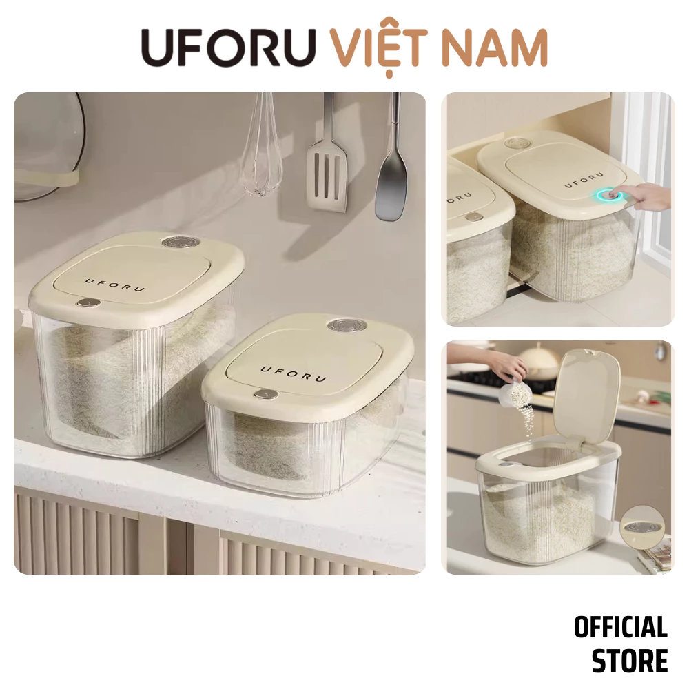 Thùng đựng gạo, ngũ cốc, đồ khô UFORU nắp bật chống ẩm 5kg và 10kg thế hệ mới, Hộp đựng,bảo quản đồ đa năng tặng kèm cốc