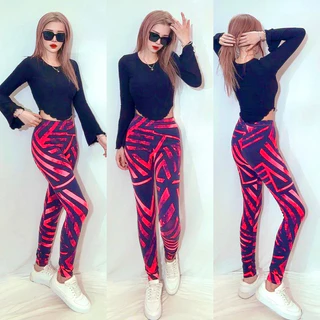 Quần legging ôm, thun thể thao hoa văn hồng đen co giãn tốt