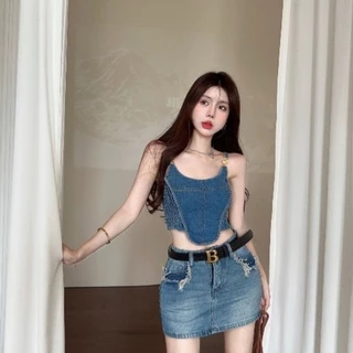 Áo ống quây jeans tua rua lai thả bụi bặm tà nhọn cá tính phối nút 2 màu xanh đậm, nhạt alohashop91