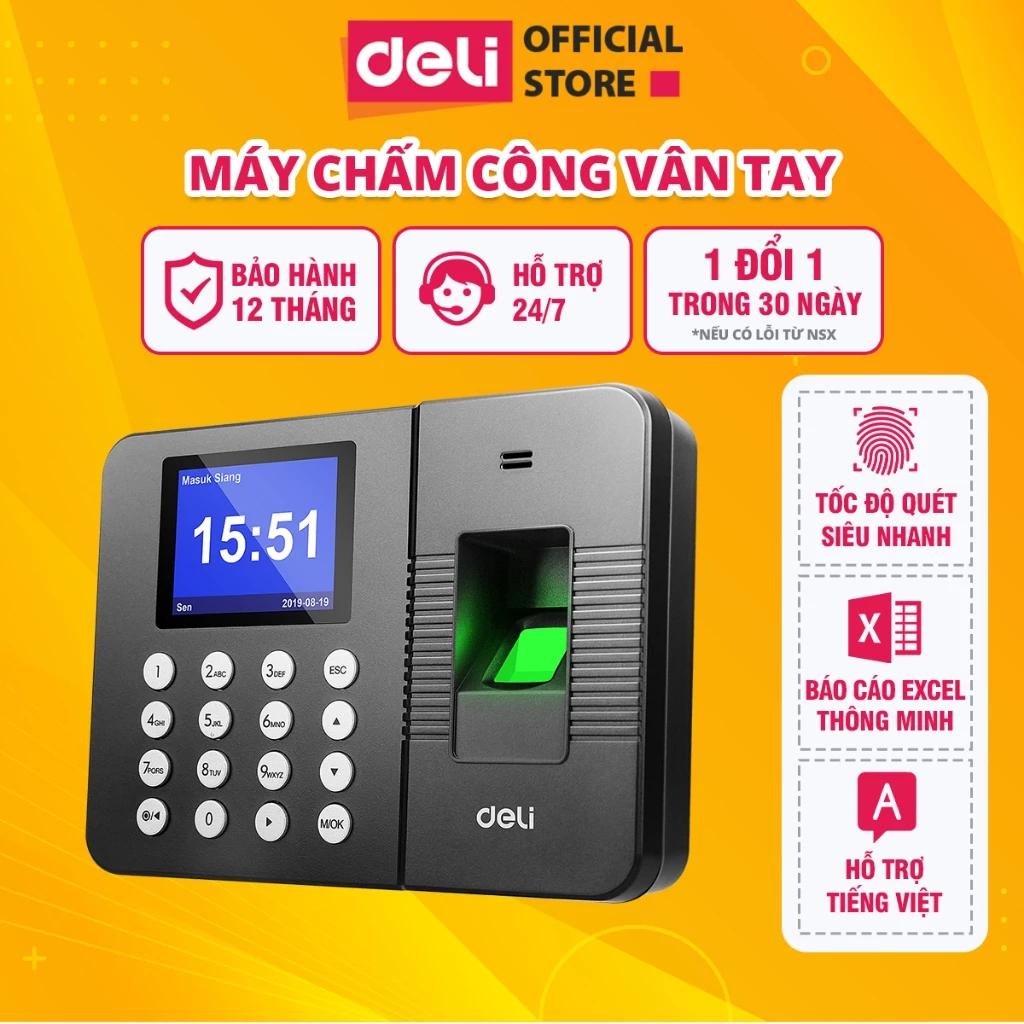 Máy Chấm Công DELI Máy Vân Tay, Nhận Diện Gương Mặt, Máy Chấm Công Có Tiếng Việt, Báo Cáo File Excel