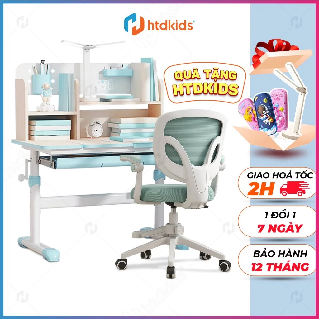 Bàn học cho bé HTDkids E6, Bàn học sinh thông minh chống gù chống cận giúp trẻ có tư thế ngồi chuẩn khoa học