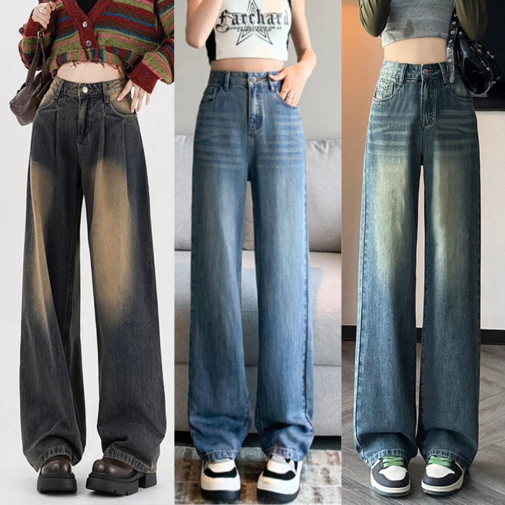 Quần Jean Loang Màu Ống Rộng Dáng Suông Nữ Unisex WASH MIAA, Quần Bò mài xước Denim Lưng Cao Phong Cách Hàn Quốc 2023