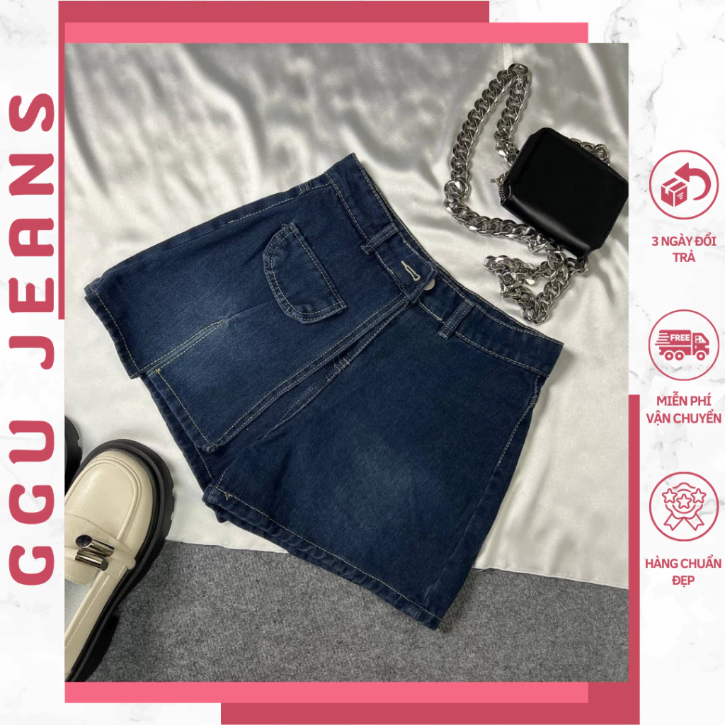 Quần giả váy V11 [GGU JEANS] Quần jean dáng chữ A vạt nắp túi cạp cao cá tính sz S M L XL dưới 55kg