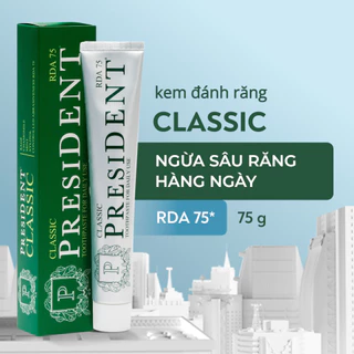 Kem đánh răng President Classic. Kháng khuẩn, giảm viêm. Tăng cường men răng, ngừa sâu răng. Hơi thơ thơm mát. RDA 75