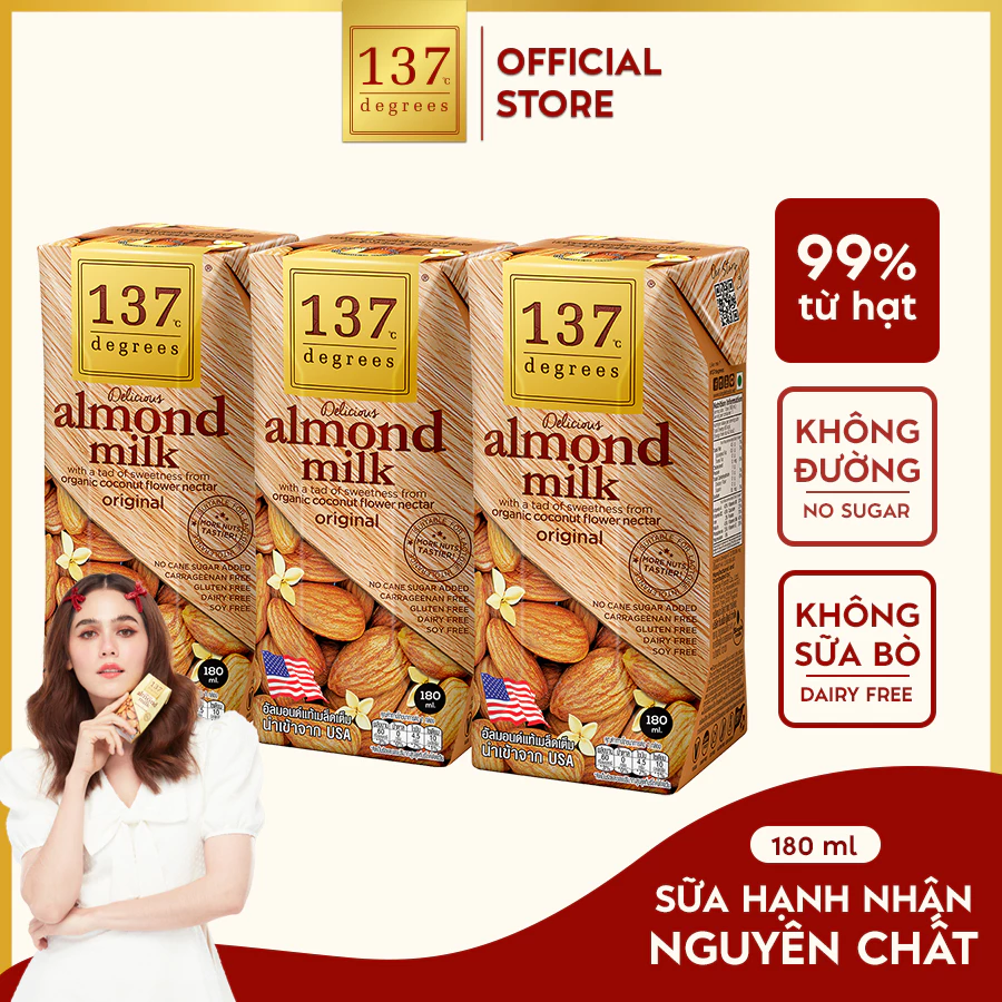 [LỐC 3 HỘP 180ML] Sữa Hạt Hạnh Nhân Nguyên Chất 137 DEGREES Có Vị Ngọt Từ Mật Hoa Dừa (Không Đường) Healthy Dinh Dưỡng