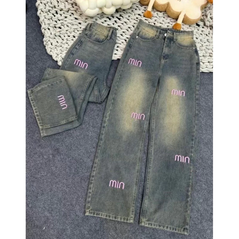 Quần jean nữ ống rộng thêu min chữ hồng hottrend- Quần jean nữ cạp cao phong cách Hàn Quốc