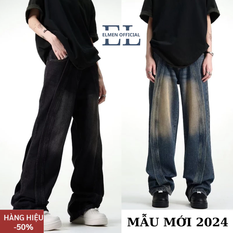Quần Jean baggy nam nữ Ống Rộng, quần bò dáng suông unisex đường lượn sóng form rộng phong cách Hàn Quốc Elmen