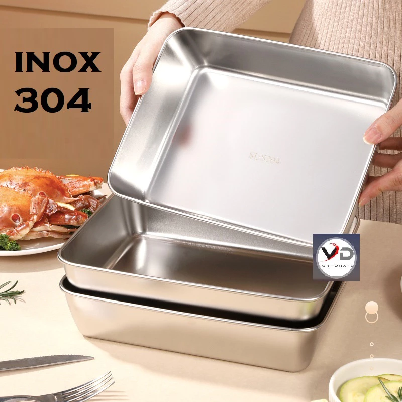 Hộp Đựng Thức Ăn Inox 304 Size Lớn Có Nắp Đậy, Khay Inox Đựng Thực Phẩm Chống Gỉ - phù hợp mọi GĐ
