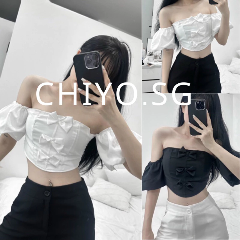 Áo kiểu trễ vai tay rời đính 3 nơ CHIYO.SG phong cách y2k A367