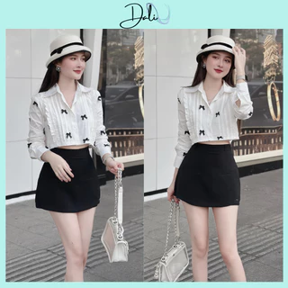 Set Bộ Áo Sơ Mi Dáng Croptop Đính Nơ Nhỏ + Chân Váy Chữ A Có Quần Trong Dáng Tiểu Thư Sang Chảnh