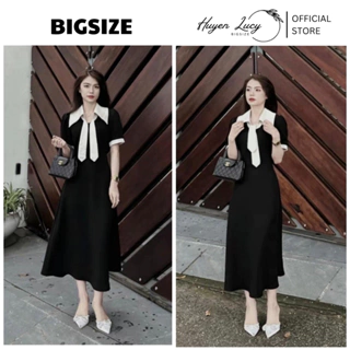 Váy nữ bigsize màu đen dáng dài cổ trắng có vạt dài buộc nơ chất tuyết mưa hot trend Huyền Lucy Bigsize