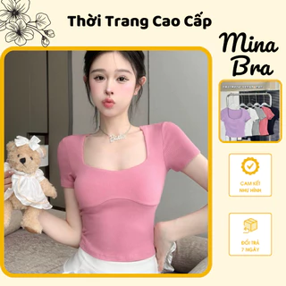 Áo cộc tay thun gân MINA BRA kèm đệm mút. Áo croptop nữ cổ V tròn chất thun gân thấm co giãn