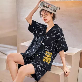 Set Đồ Nữ Mặc Nhà Pijama Cộc Tay PM05, Đồ Ngủ Nữ Vải Cotton Mềm Mịn, Đồ Bộ Nữ Màu Đen Thoáng Mát Họa Tiết Gấu Dễ Thương