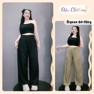 Quần suông bigsize nữ ống rộng cạp cao có dây thắt nơ thanh lịch chất cotton lạnh cho từ 60-95kg QD