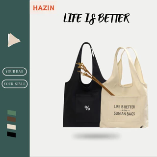 Túi tote HAZIN vải canvas ulzzang unisex in chữ có túi nhỏ bên ngoài đi học đi chơi