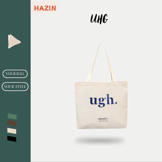 Túi tote Hazin vải canvas ulzzang unisex in chữ Ugh có khoá miệng ngăn phụ nhỏ HZ58