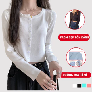 Áo Thun Croptop Nữ Kiểu Dáng Cardigan Dài Tay Cổ Tròn, Áo Croptop Dài Tay Dáng Ôm Body Khuy Cúc