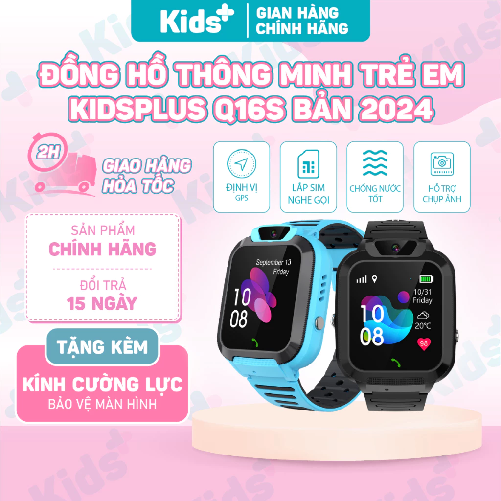 [ TẶNG KÍNH CƯỜNG LỰC 3 LỚP ] Đồng hồ thông minh định vị KidsPlus Q16S nghe gọi hai chiều, định vị, có tiếng việt