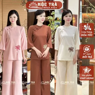 Đồ lam nữ đi chùa chất linen thêu hoa sen thiết kế cổ tròn, tay lỡ - Pháp Phục Mộc Trà