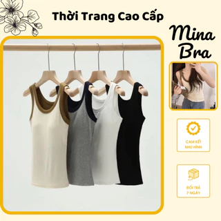 Áo ba lỗ nữ viền MINA BRA kèm mút ngực, Áo sát nách nữ dáng dài chất thun trơn thấm hút tốt