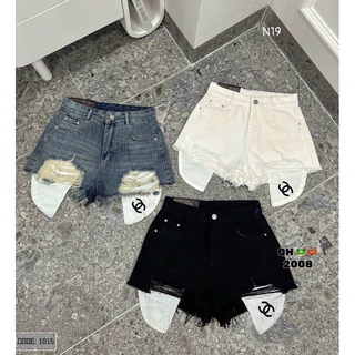 Quần short jean rách tua rua 2 bên phối túi lộ dấu móc chà neo nhn