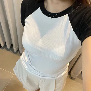 Áo thun gân raglan ôm cổ tròn nữ