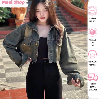 Áo khoác Jean nữ croptop phối túi hộp phong cách bụi dơ cá tính Meei Shop, Khoác jean nữ t ay dài form rộng đẹp -Ak1-