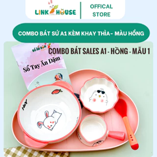 Set Bát Sứ, Chén Sứ Ăn Dặm Kiểu Nhật Màu Hồng Hình Ngộ Nghĩnh Tặng Thìa Báo Nóng Đồ Dùng Ăn Dặm Từ 5 Tháng Cho Bé