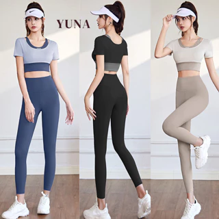 Đồ Tập Gym Nữ - 𝒀𝑼𝑵𝑨 - Bộ tập Gym Yoga [ May liền đệm ngực] Áo croptop tay ngắn và quần legging thun lạnh