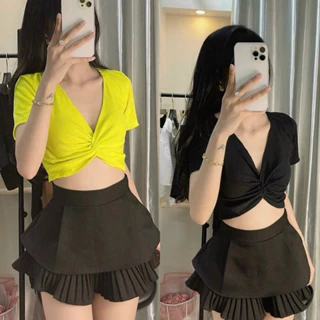 Áo thun croptop xoắn ngực 🍫🍫🍫🍫10ca, Áo croptop nữ xoắn eo tay ngắn cổ v vải gân cotton