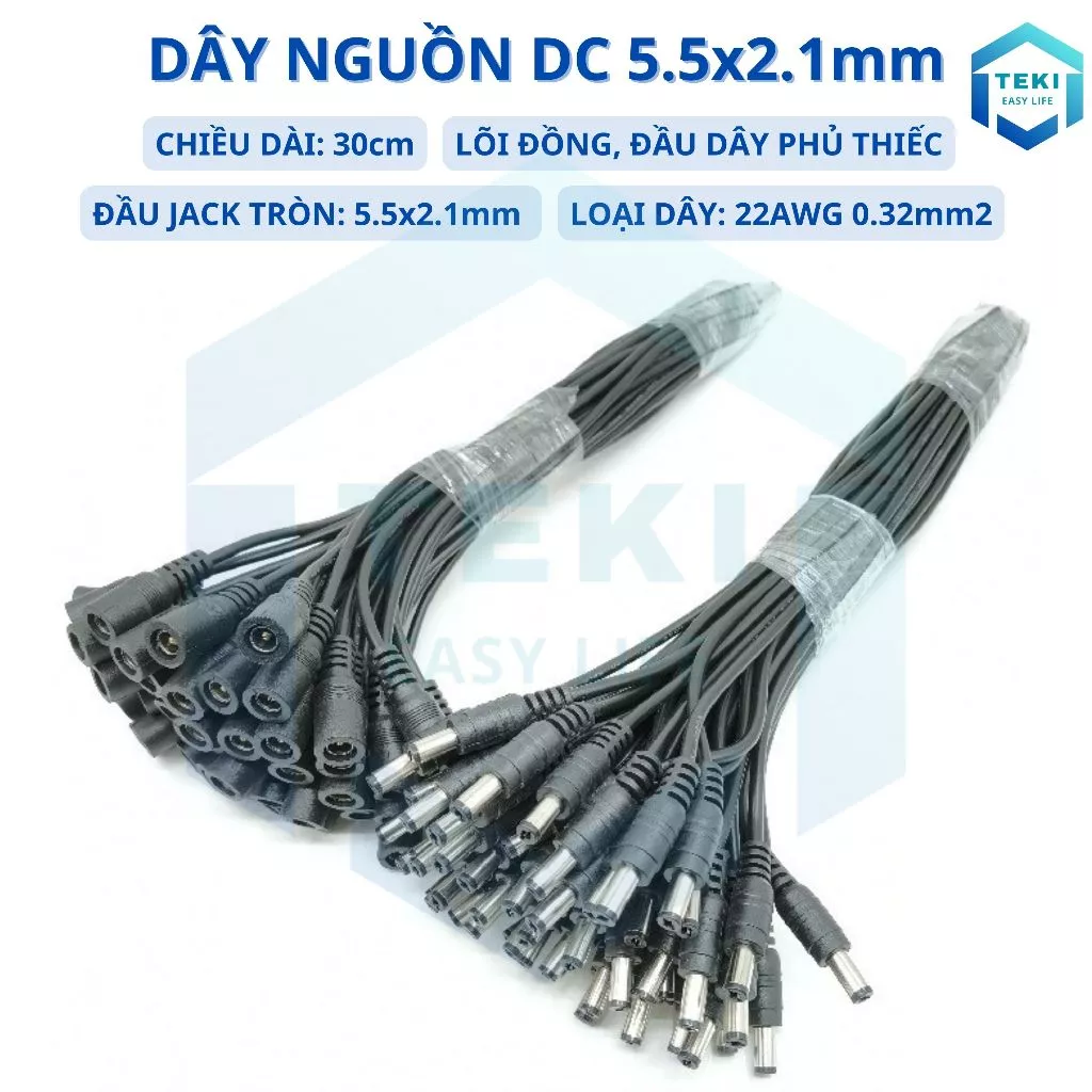 Dây Nguồn DC Đầu Jack Đực/Cái 5.5x2.1mm Dài 30cm Lõi Đồng Đầu Dây Phủ Thiếc Loại Dây 22AWG 0.32mm2 TEKI